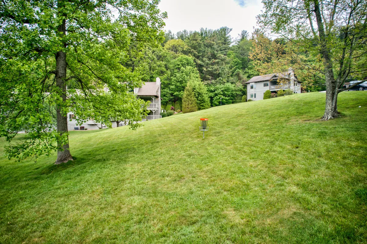 A wide green lawn with a disc golf basket is pictured between two residential buildings, with distant trees and soft evening light. The space is welcoming and open, suggesting opportunities for outdoor games and family gatherings.